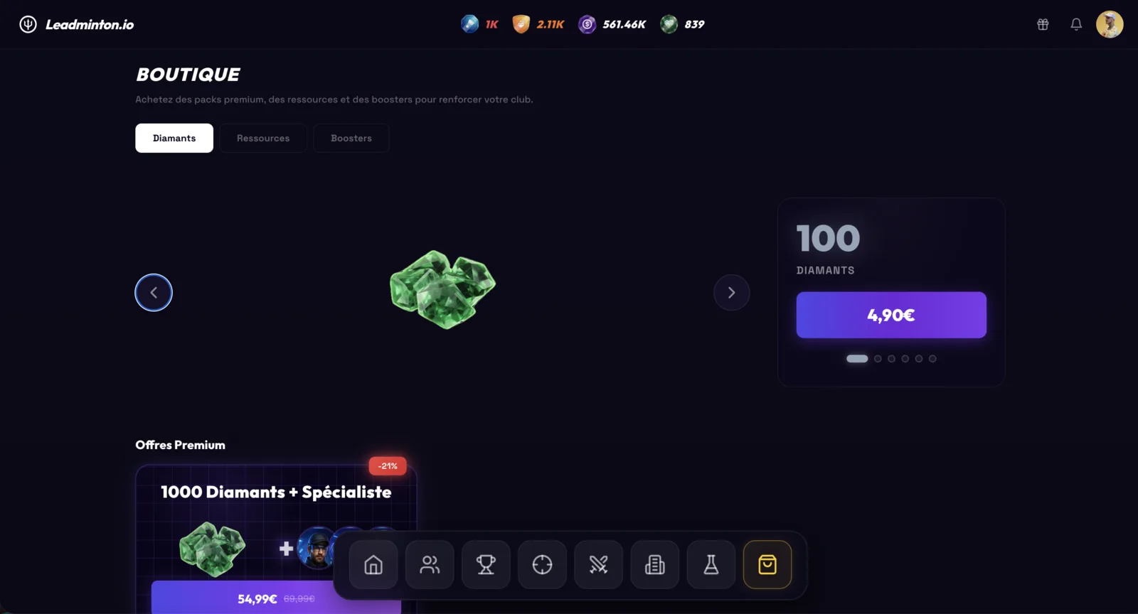 Boutique Leadminton — packs de diamants, conversion en ressources et boosters de cartes joueurs