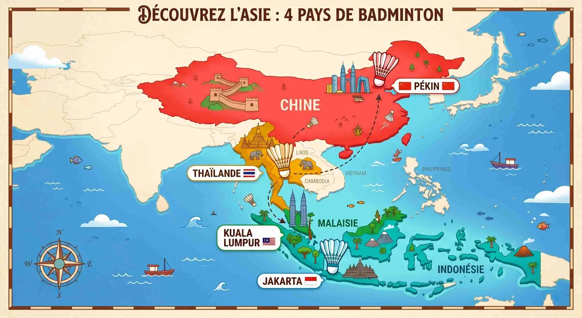 Carte des 4 destinations pour un stage de badminton en Asie : Thaïlande (Bangkok), Malaisie (Kuala Lumpur), Indonésie (Jakarta), Chine (Pékin)