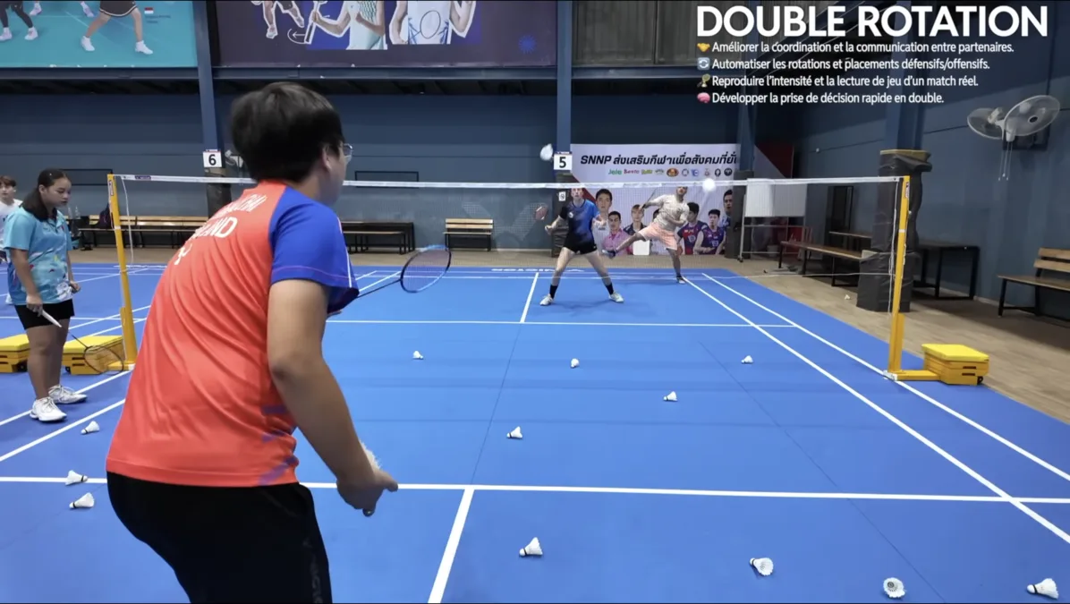 Exercice de double rotation au stage badminton Bangkok : automatiser les rotations et placements défensifs et offensifs avec son partenaire